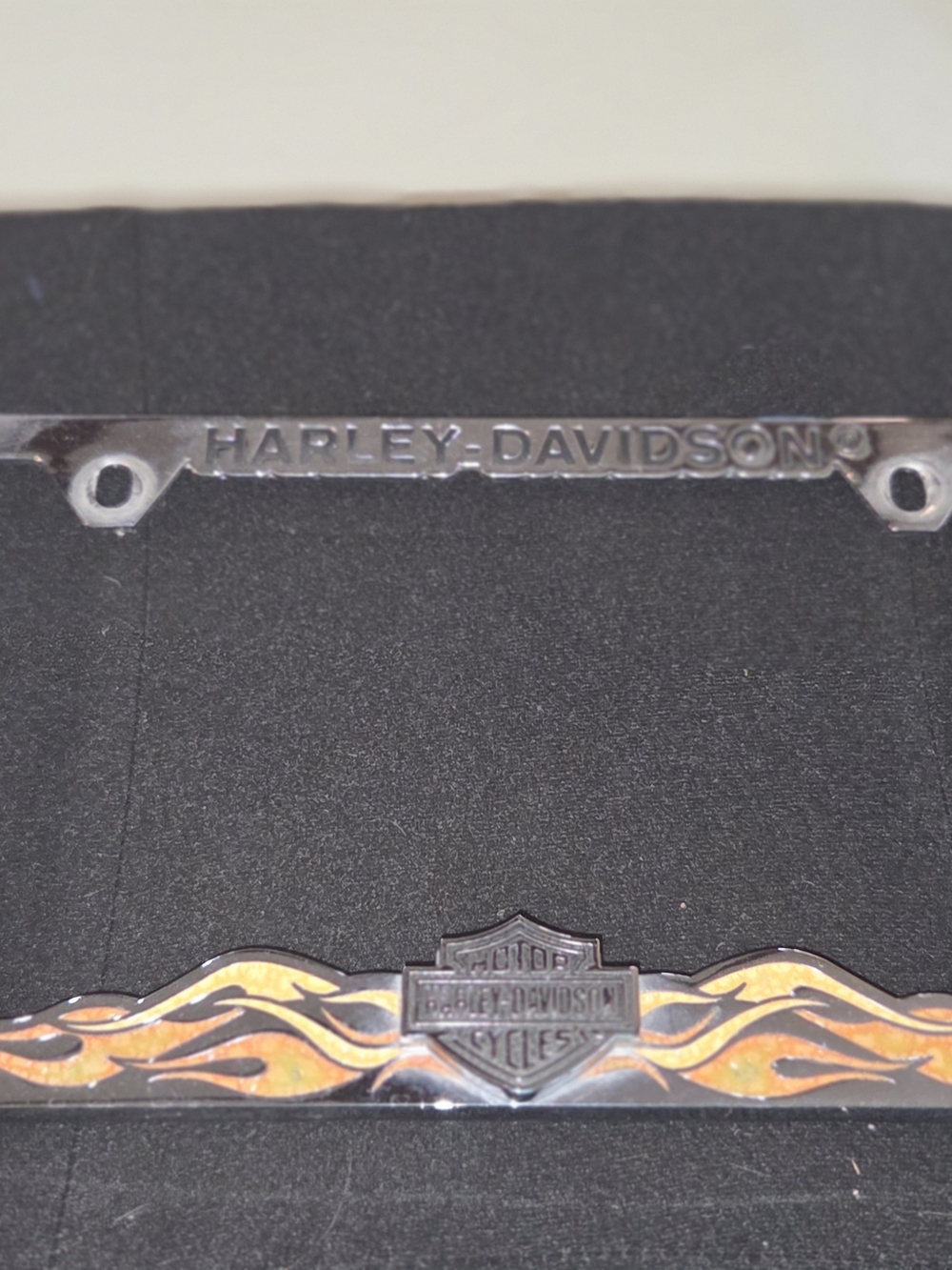 Harley-Davidson Chrome License Plate Frame with Orange Flame Accent